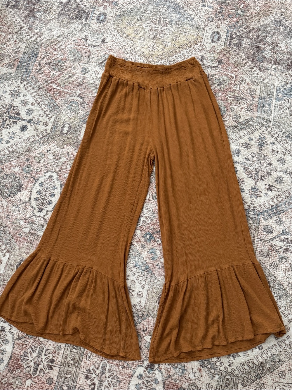 Rust Color Ruffle Pull-On Pants with Elastic Waist